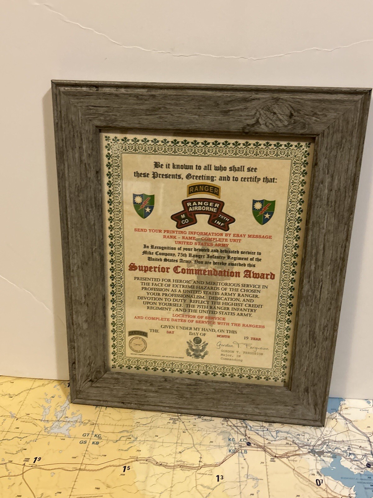 U.S. ARMY - 75TH RANGER / M CO - SUPERIOR COMMENDATION AWARD CERTIFICATE