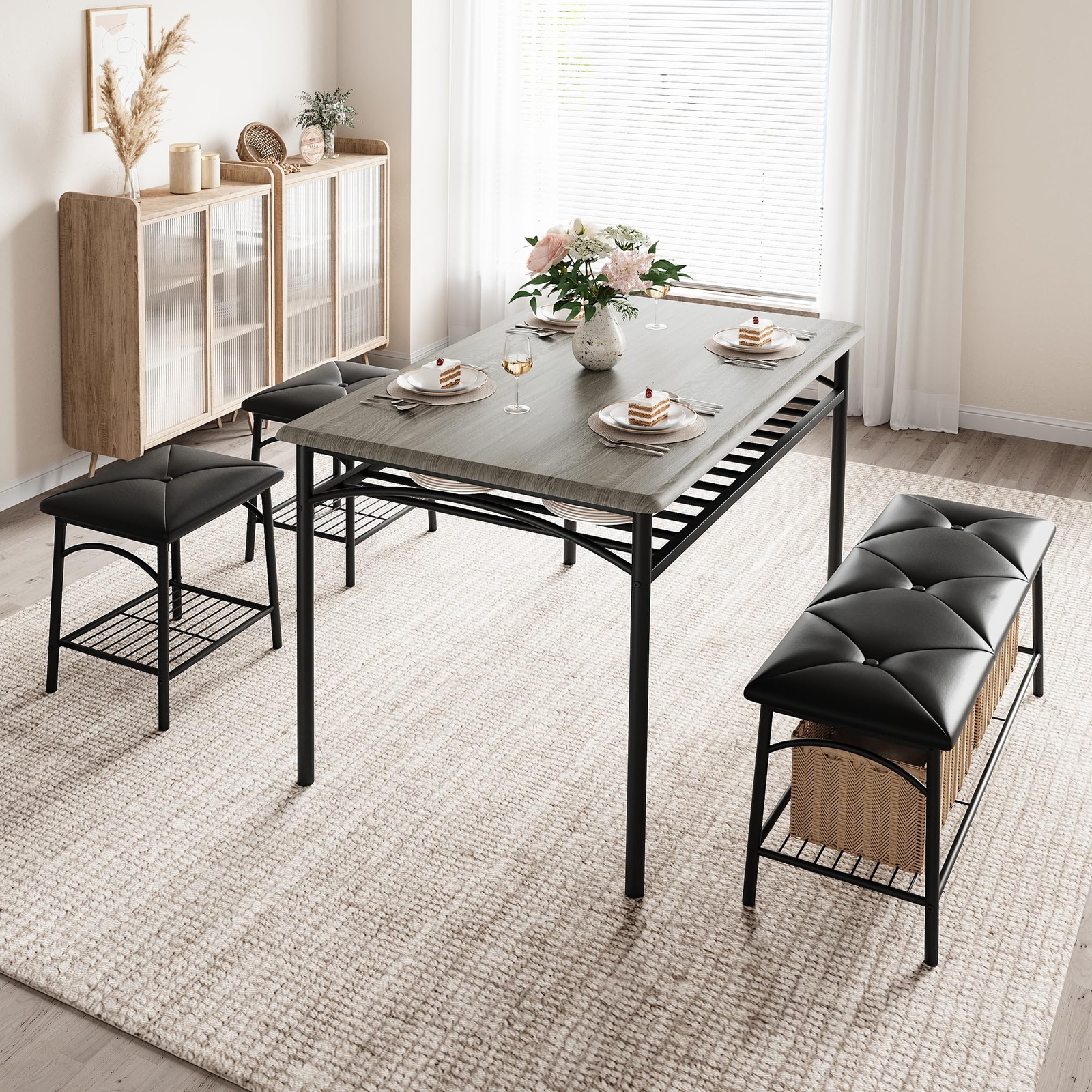 Dining Room Table Set for 4 Kitchen Table with Bench ,Stools & Storage Rack Grey