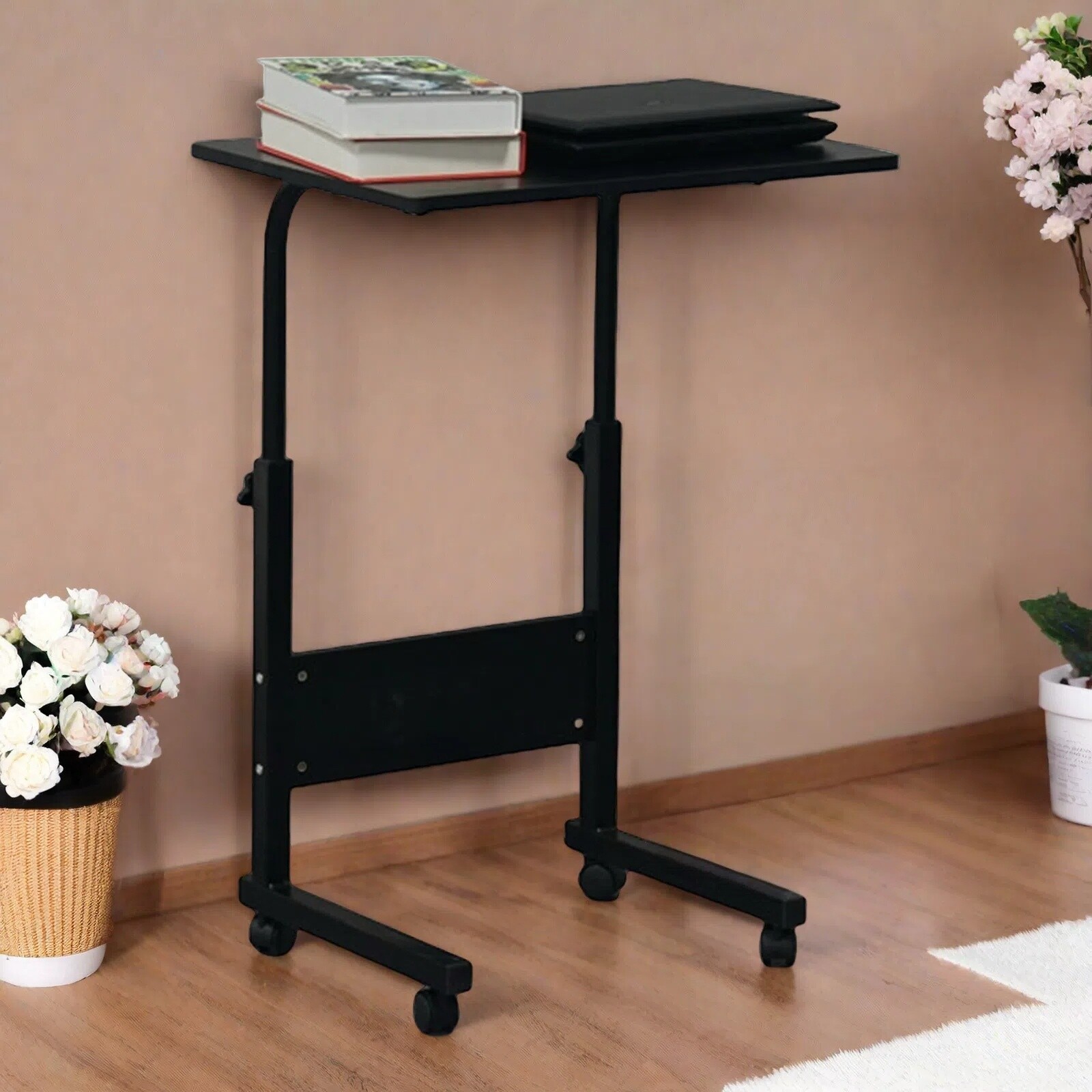 Rolling Laptop Desk - Adjustable Height Black 23.62" Tabletop Portable