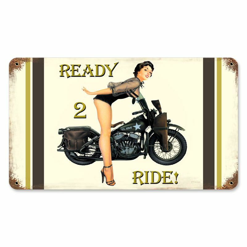 U.S. ARMY READY TO RIDE PINUP GIRL 14" HEAVY DUTY USA MADE METAL ADVERTISE SIGN