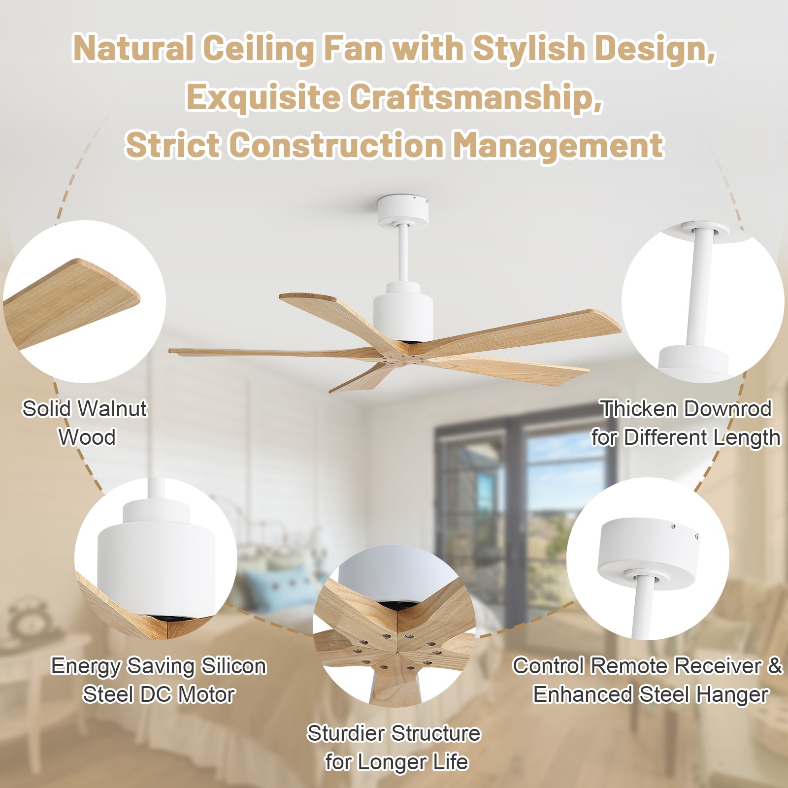 52" Solid Wood Flush Mount Ceiling Fan with Remote & Silent DC Motor Reversible