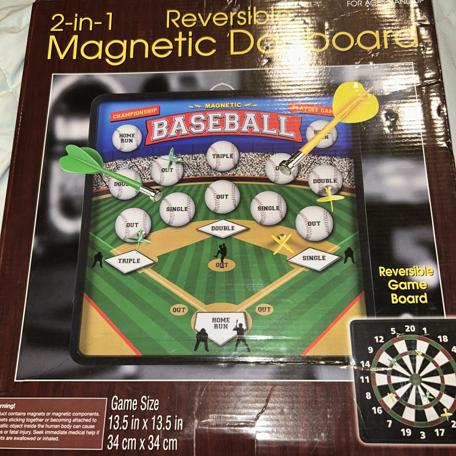 Deluxe 2-in-1 Reversible Magnetic Dartboard 6 Darts Standard & Baseball - NEW!