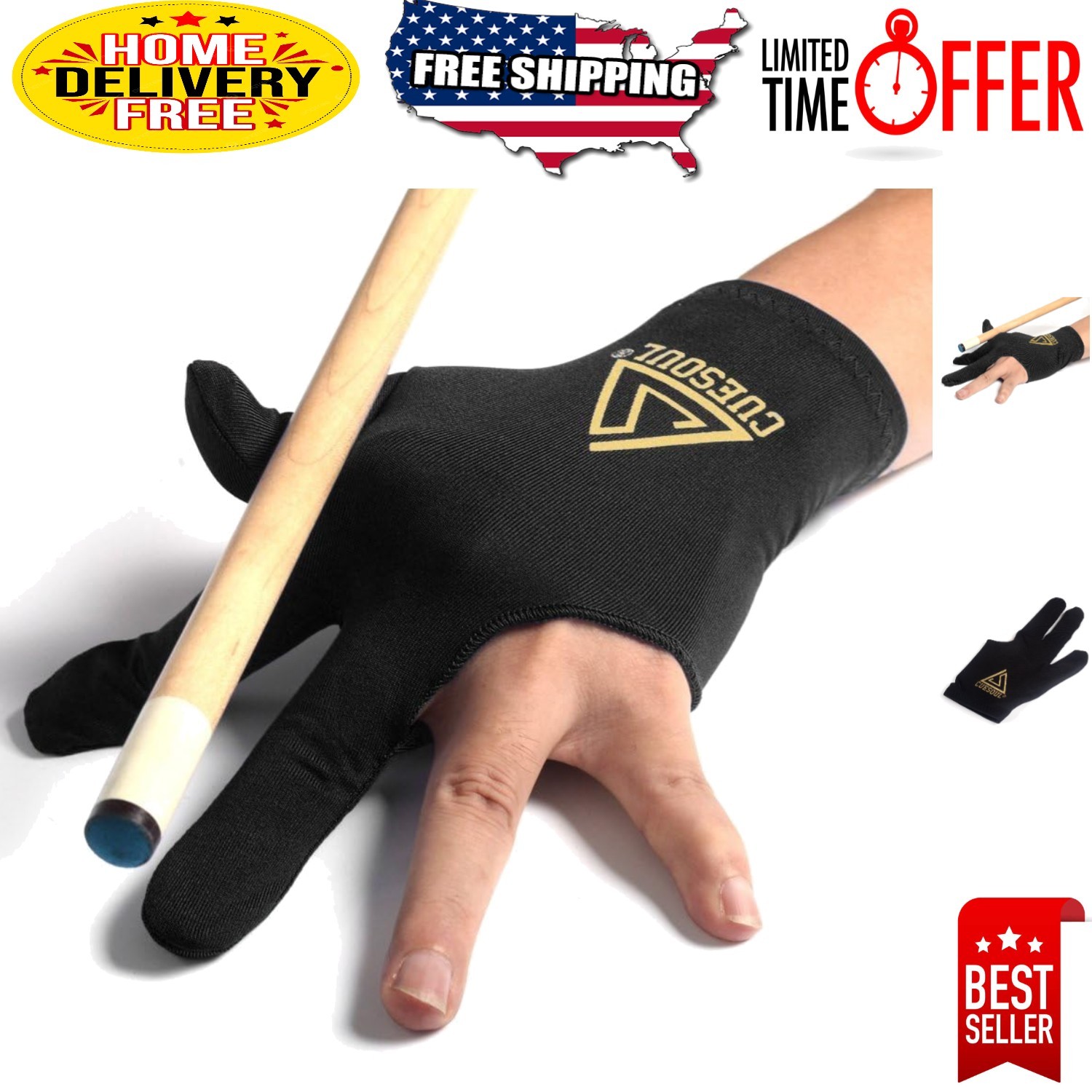 10 Pack of Black 3 Finger Billiards Gloves - Perfect for Players of All Levels