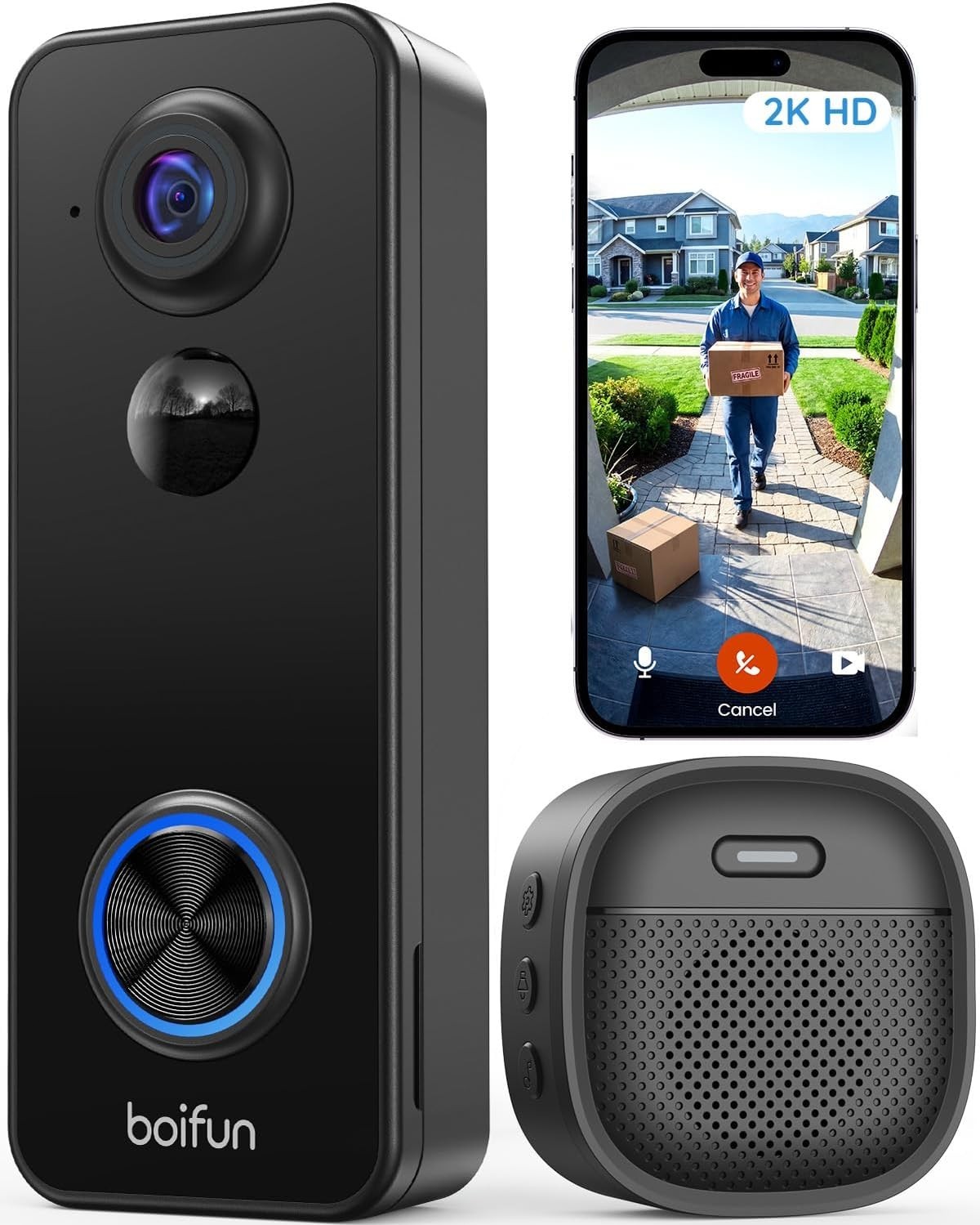 BOIFUN Video Doorbell Camera Wireless,180° Wide View, 2K HD, No Subscription