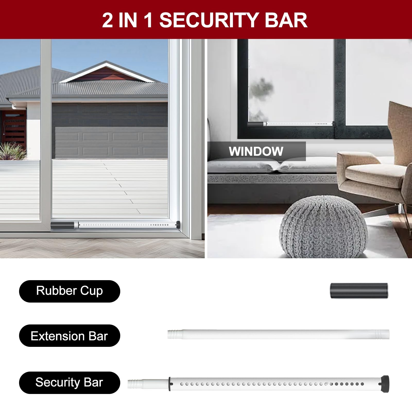 AceMining 1 Pack Sliding Door Security Bar, Patio Lock, 1 Pack, White