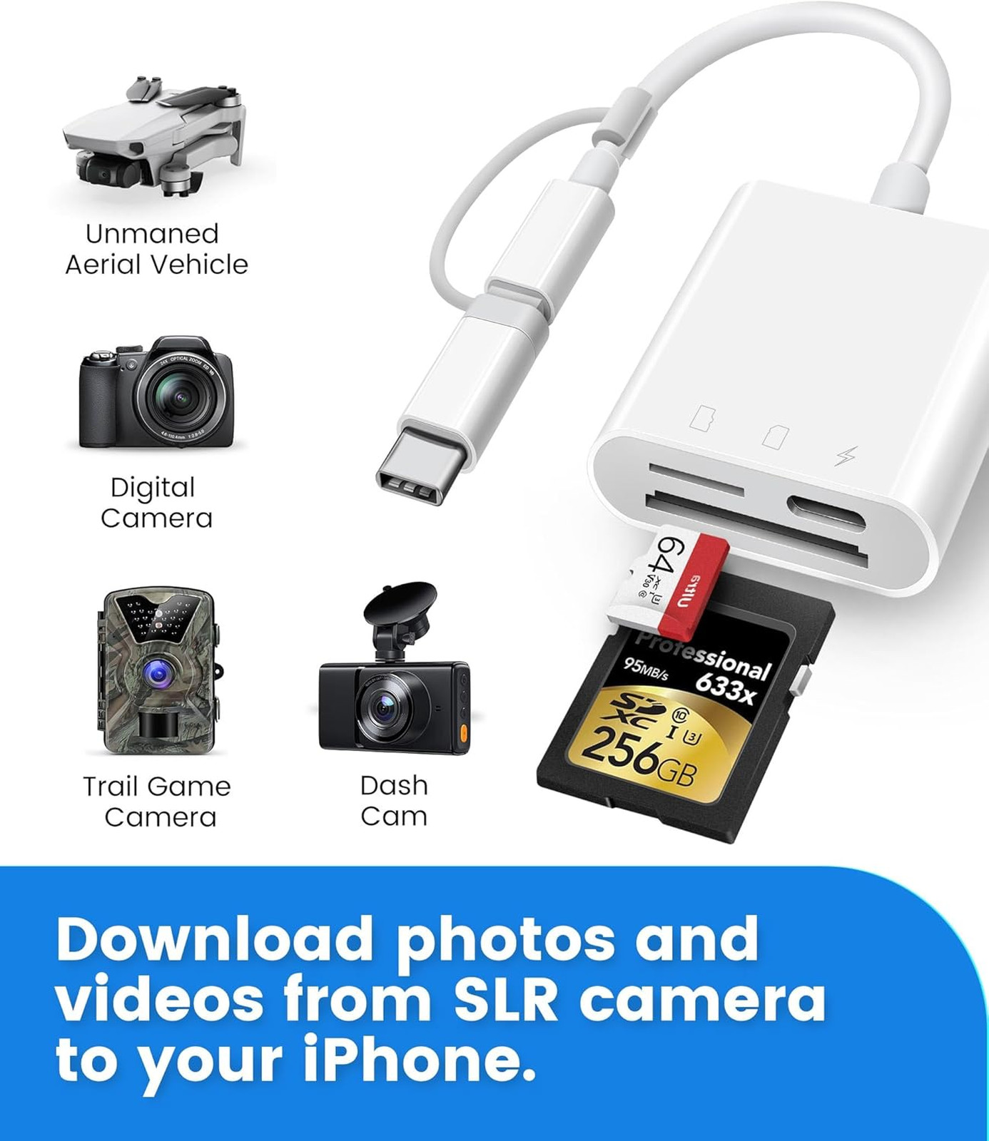 SD Card Reader for iPhone iPad, Dual Slot MicroSD SDXC MicroSDHC Lightning USB-C