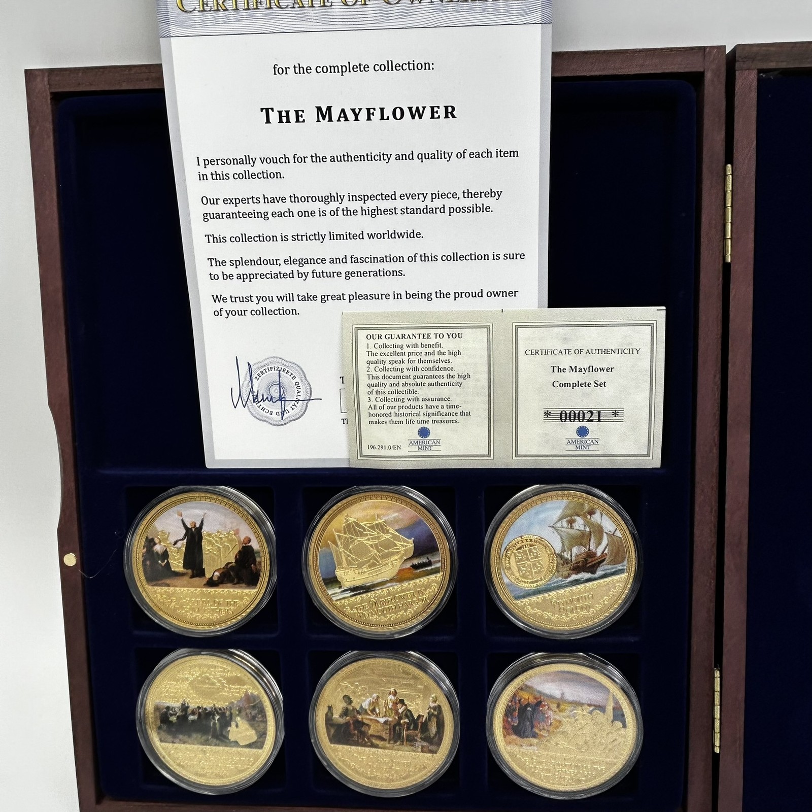 American Mint The Mayflower Complete Set 6 Gold Plated Medals w/ COA Wood Box
