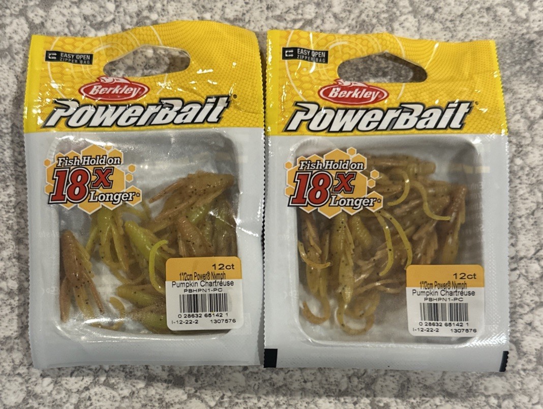 2 Packs Berkley Powerbait 1” Power Nymph Ice Fishing Pumpkin Chartreuse