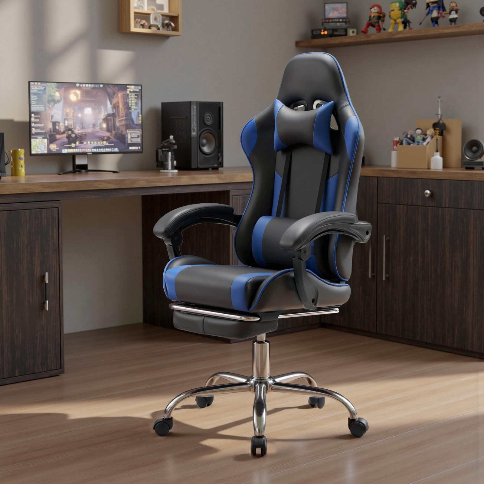 DUMOS Ergonomic Gaming Office Desk PU Leather 27"D x 25"W x 52"H, Deep Blue