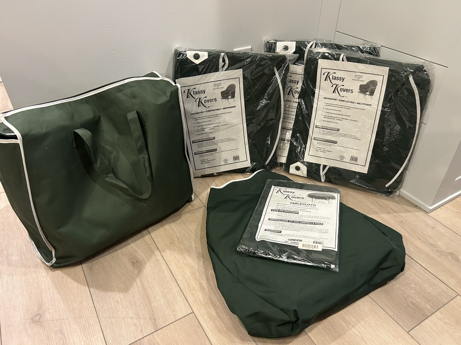 Set Of 4 Klassy Kovers Low Back Padded Chair Cover With Tablecloth Green New
