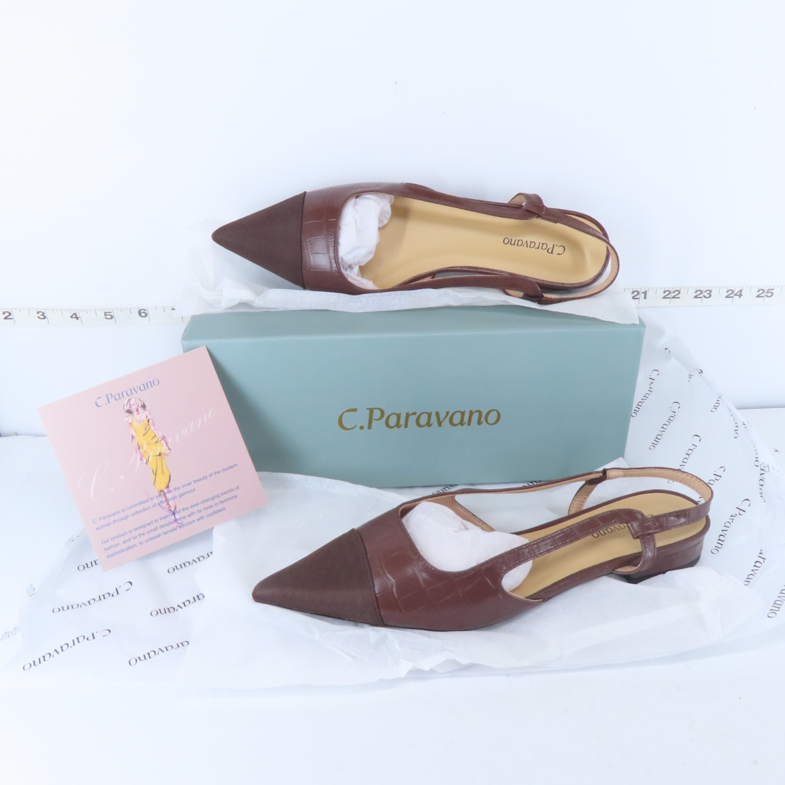C.PARAVANO WOMEN'S POINTED TOE FLATS HEEL SANDALS - BROWN CROC **CHOOSE SIZE**