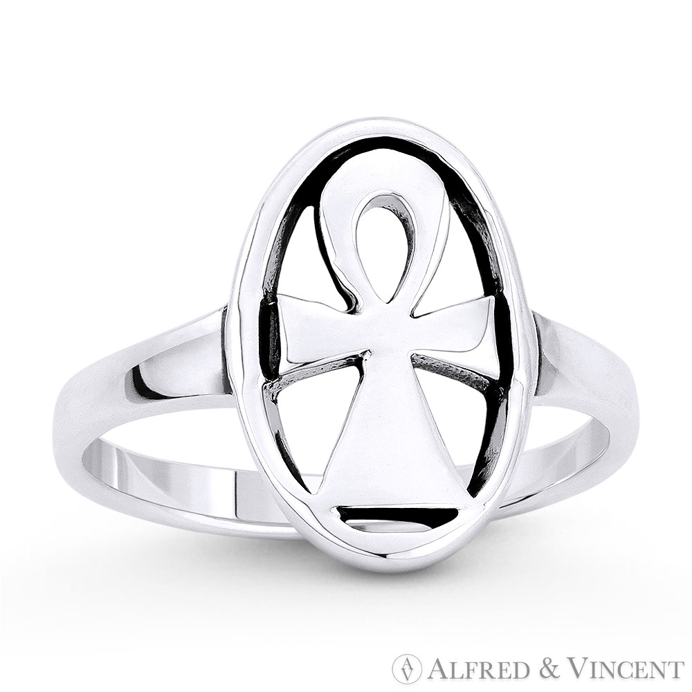 Egyptian Ankh Cross Key-of-Life Crux Ansata Ring in Oxidized 925 Sterling Silver