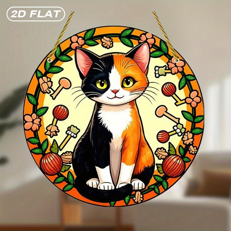 Calico Cat Acrylic Suncatcher Cat Lover Gift Floral Pattern Window Decoration