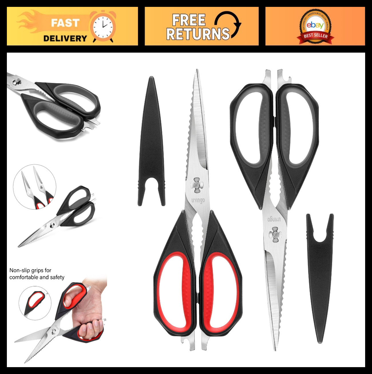 Utility Kitchen Scissors 2 Pack - Heavy Duty Stainless Steel, Dishwasher Safe, S