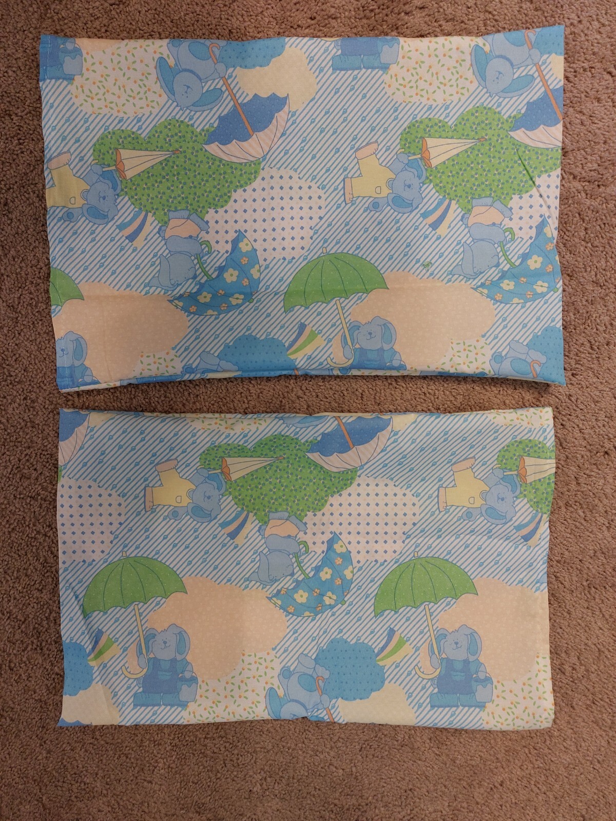 Toddler Pillowcases Set of 2 - Handmade - 20" x 13" Blue Bunnies in the Rain