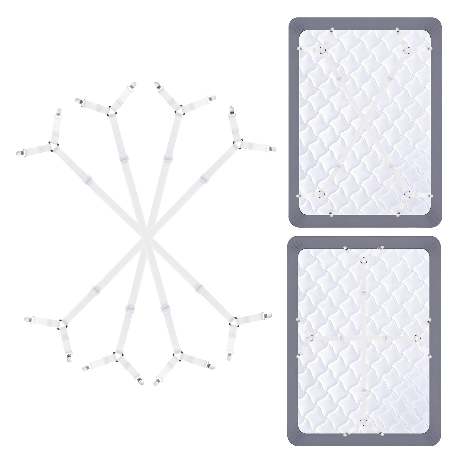 4Pcs Bed Sheet Holder Straps Elastic Adjustable 2 Way Cross 4 Clips, White