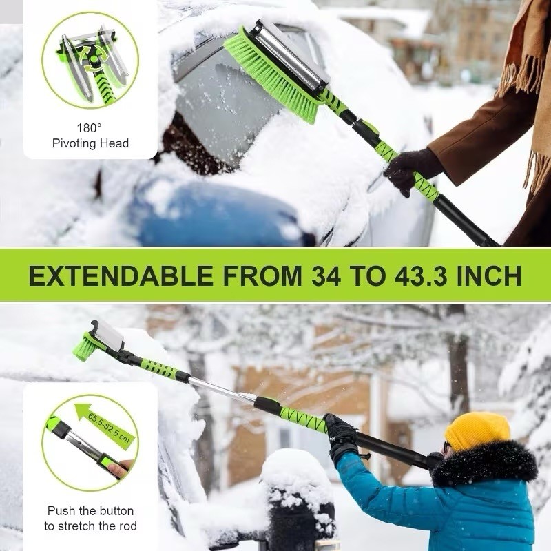 3-in-1 Snow Brush, Ice Scraper, Squeegee, 180° Head, Extendable Handle, Green