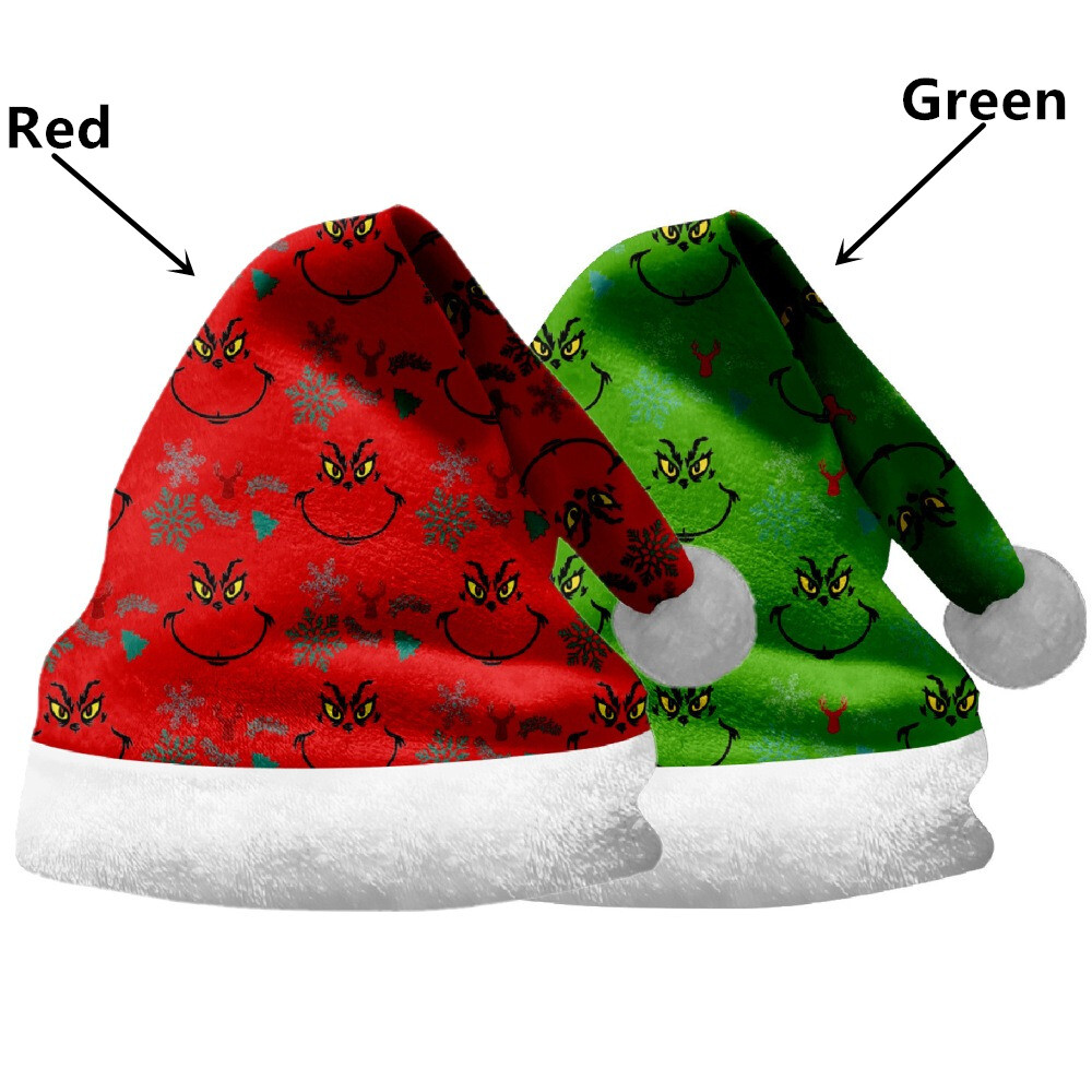 Novelty Christmas Santa Hat Green & Red Cartoon Print Xmas Hat For Kids / Adults