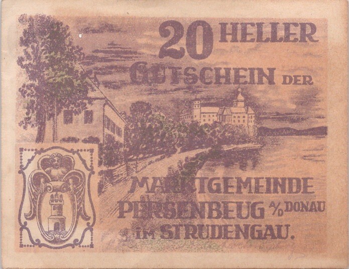 Austria Notgeld Persenbeug 20 Heller 1920 Vintage Paper Money Banknote VG