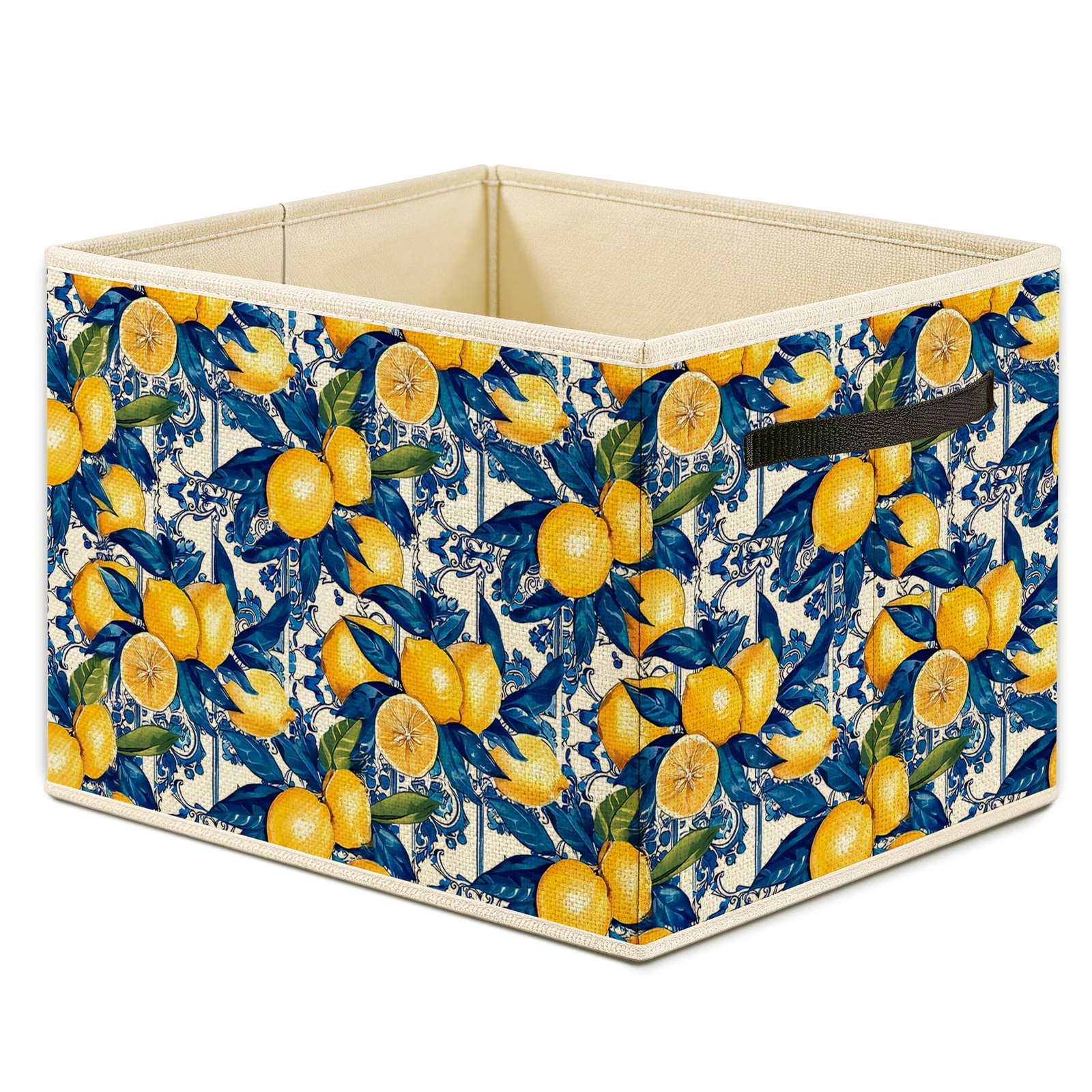 Navy Blue Lemon Storage Bin Box, Italian Mediterranean Summer Lemon Fruit Bot...