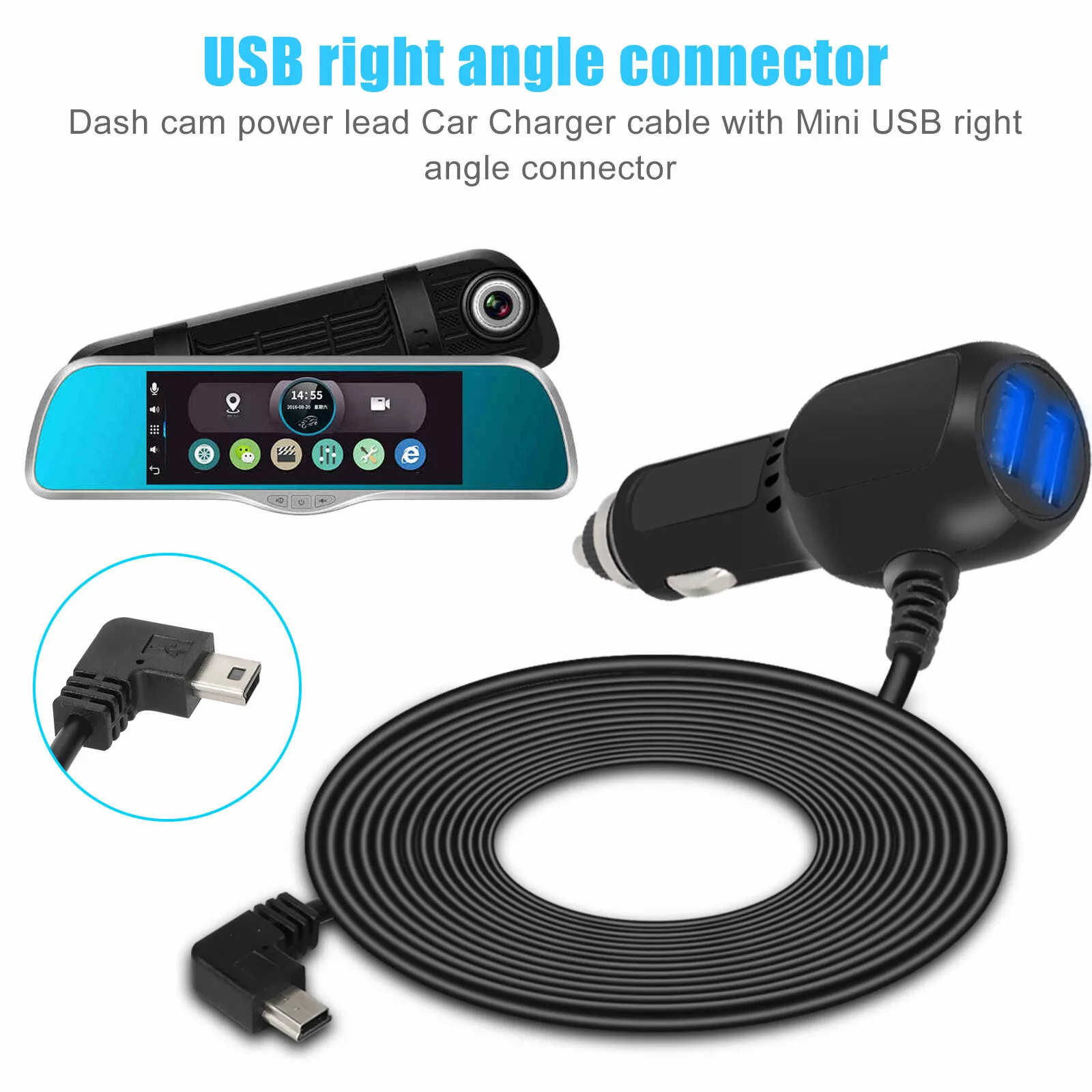 Plastic+Copper Car Charger Cable Power Cord Supply for DVR Camera GPS