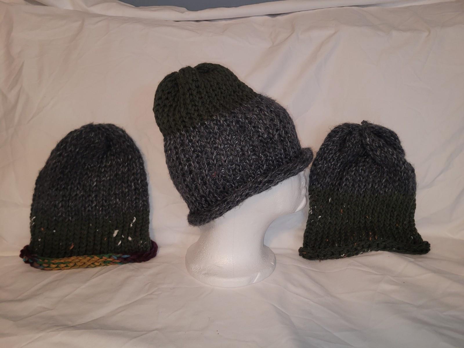 Handmade Crochet Beenie Toboggan Hat Green Gray Matching Lot 3 Family Fall Pics