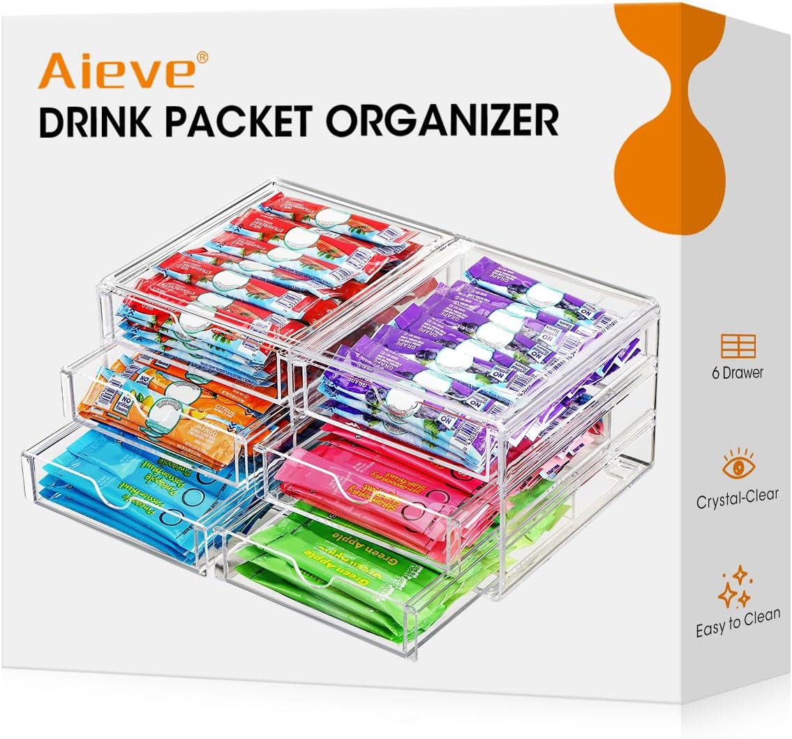 Drink Packet Organizer, Stackable Storage Drawers for Tea Bag Organizer, Water P