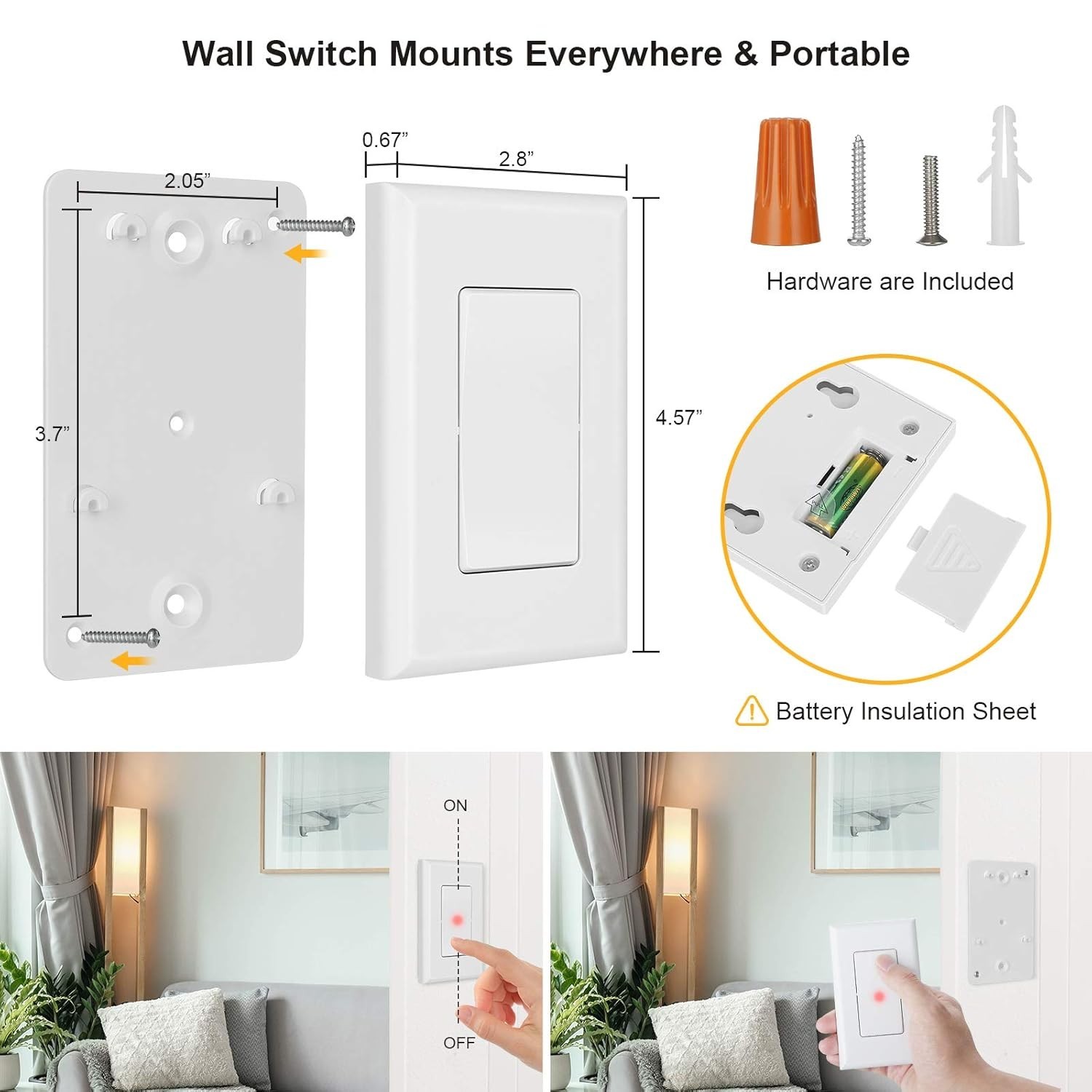 Wireless Remote Light Switch, No Wiring, No WiFi, 100ft RF Range, Pre-Program...