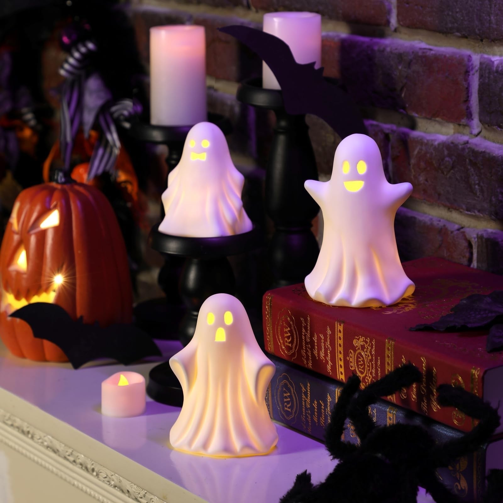 Halloween Ghost Decorations - 3 Pcs Gothic Ceramic Ghost Light Up Decor, Whit...