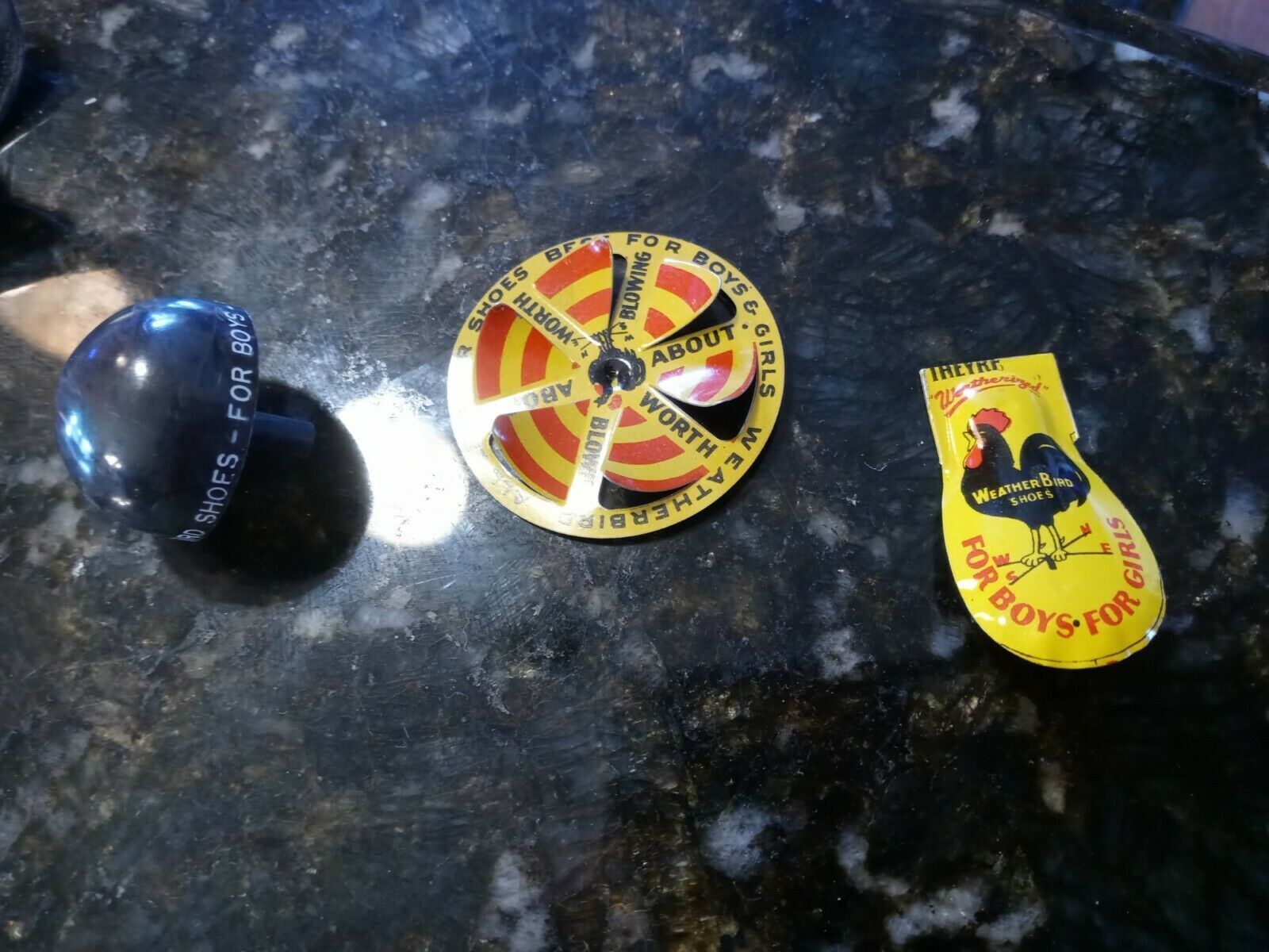 3 Vintage Peters Weatherbird Shoes Advertising Toy Top Spinner & Clicker Premium