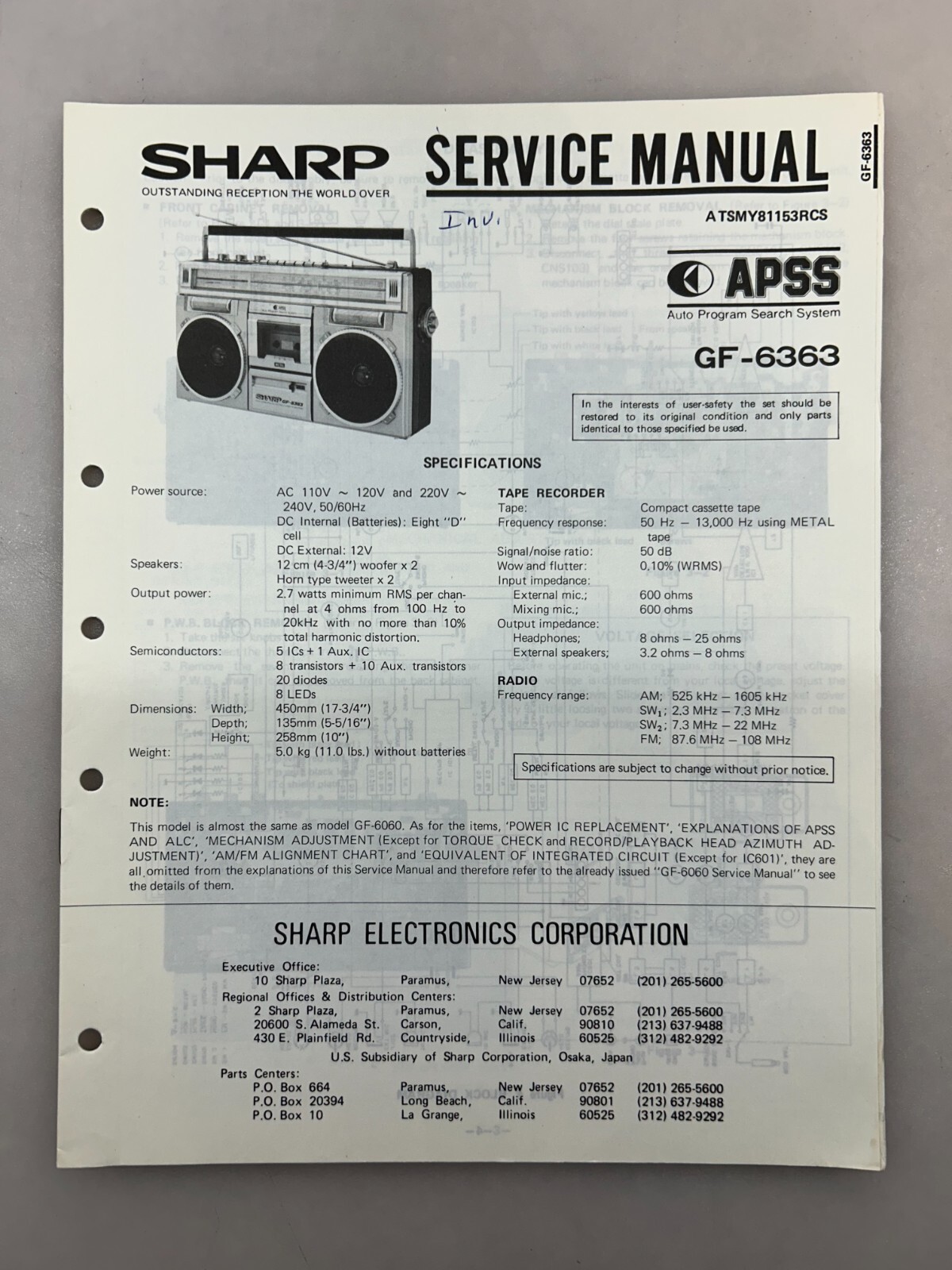 Sharp GF-6363 Original Service Manual Free Shipping