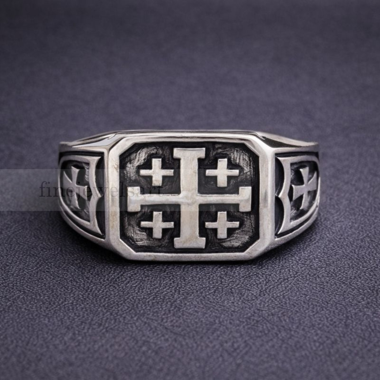 Jerusalem Cross Men’s Ring, 925 Sterling Silver Christian Signet Jewelry M605