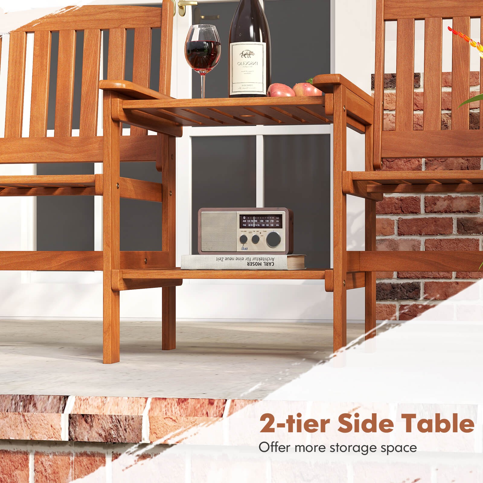 Outdoor Wood Bench Loveseat with Built-in Table 1.57" Umbrella Hole for Porch