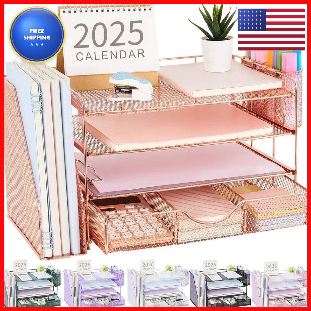 gianotter 4-Tier Desk Organizer File Holder Drawer 2 Pen Holder Rose Gold