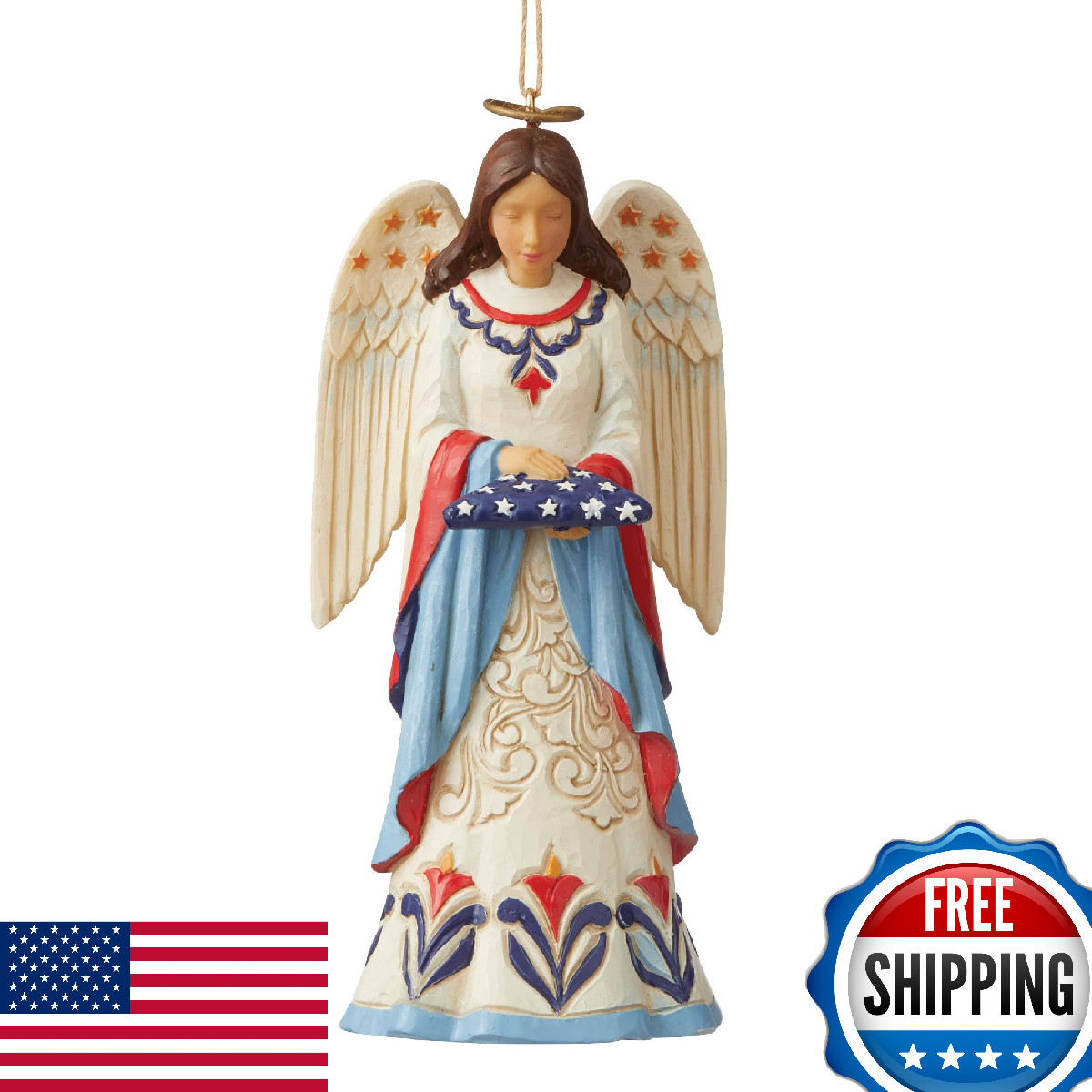 Enesco Jim Shore Heartwood Creek Patriotic Angel Holding Folded Flag Hanging Orn