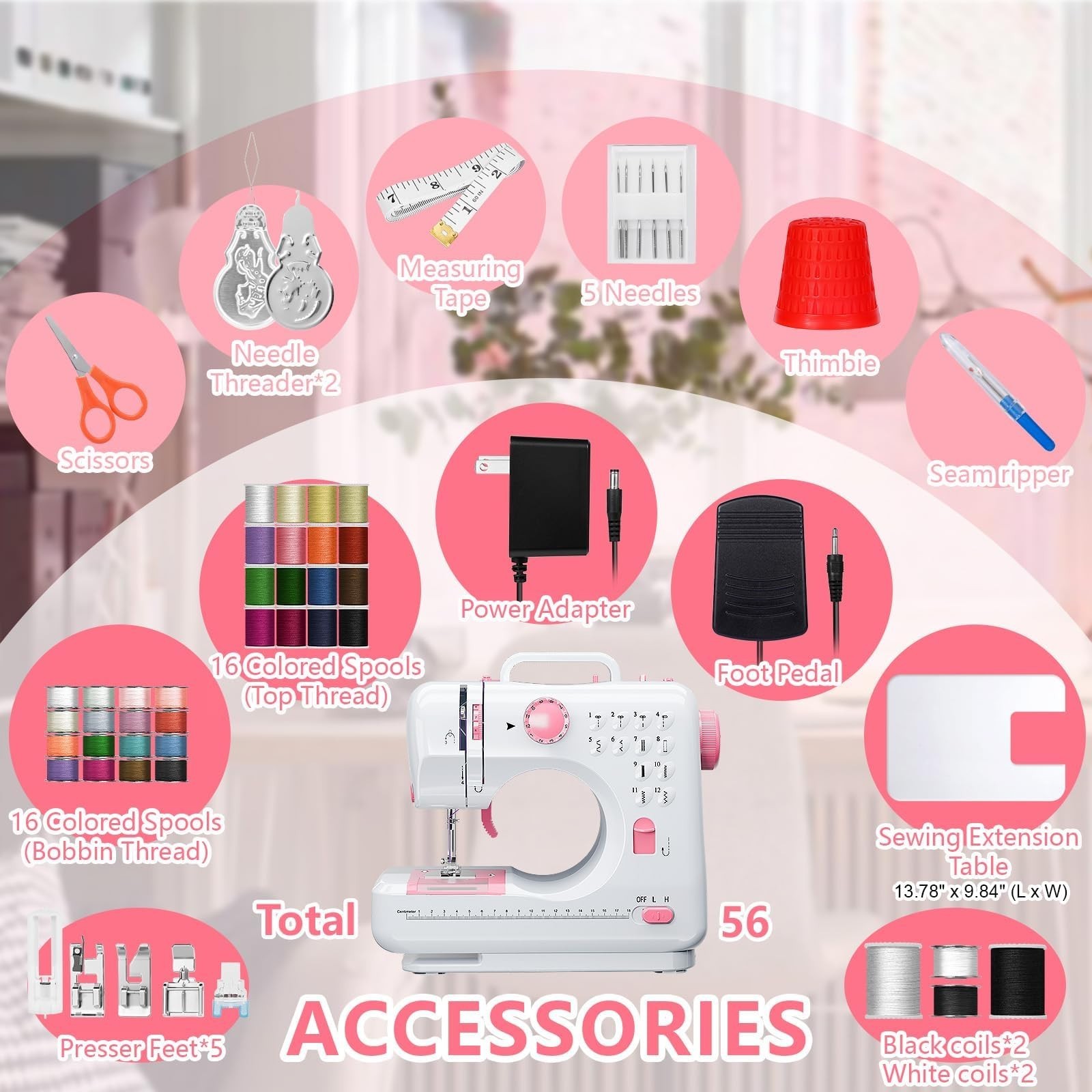 Compact Sewing Machine for Beginners - 12 Stitches, LED Light, Extension Table,