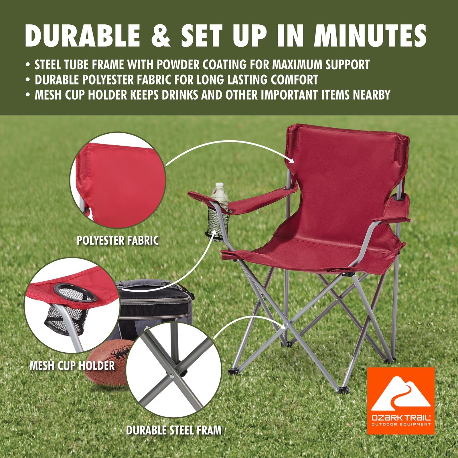 Ozark Trail Quad Folding Camp Chair with Cup Holder, Red.