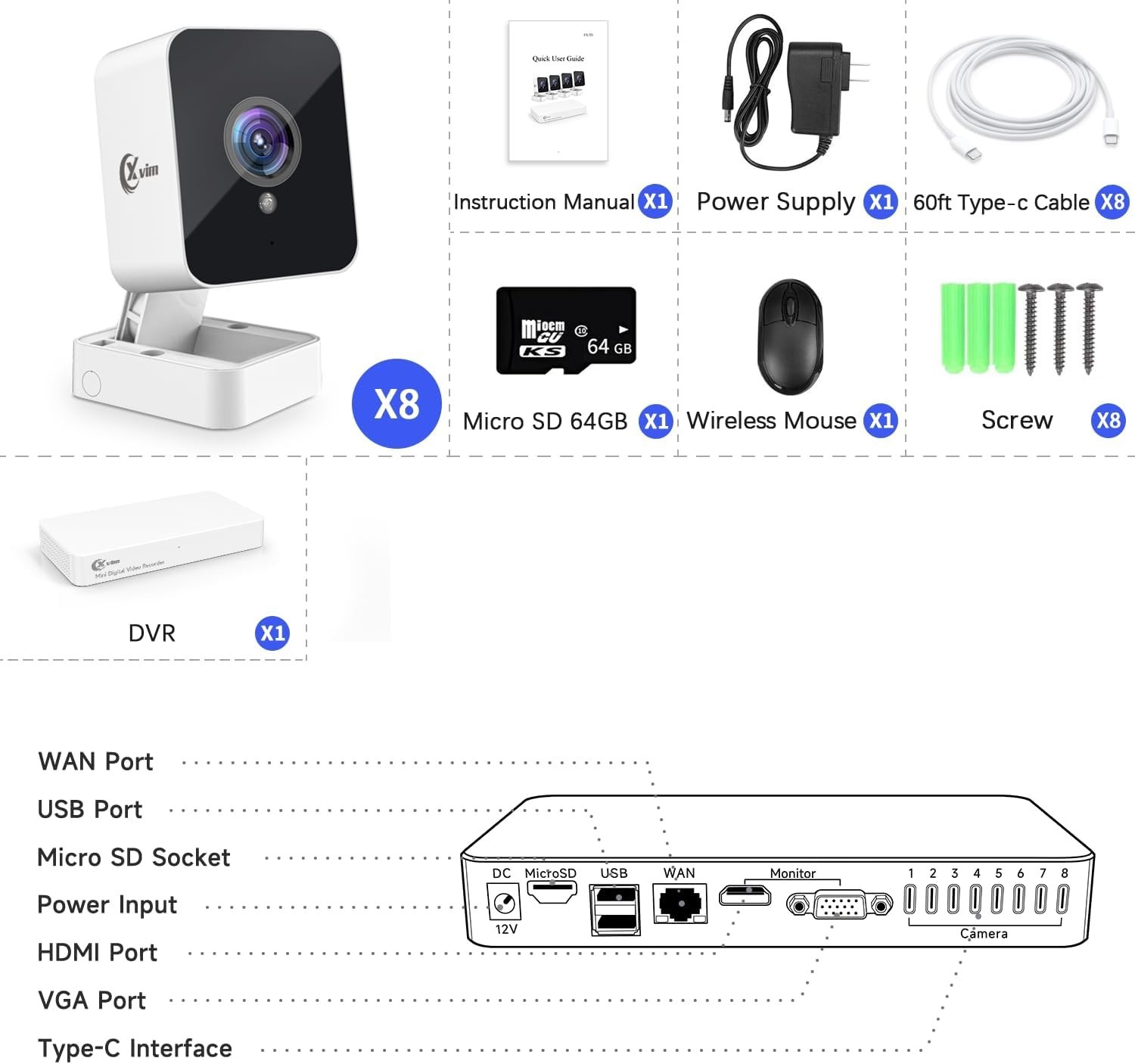 XVIM 8CH DVR 1080P Security Camera System Night Vision Monitor Cloud CCTV System