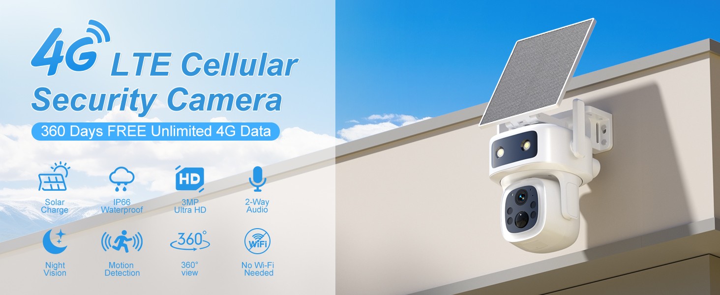 4G LTE CCTV Security Camera Outdoor Solar Battery Wireless 365 Days Free Data