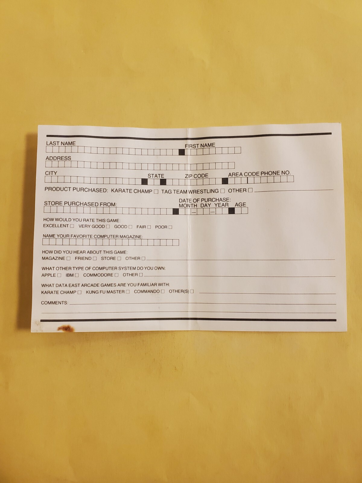 NES Data East Registration Card DAT-NES-US