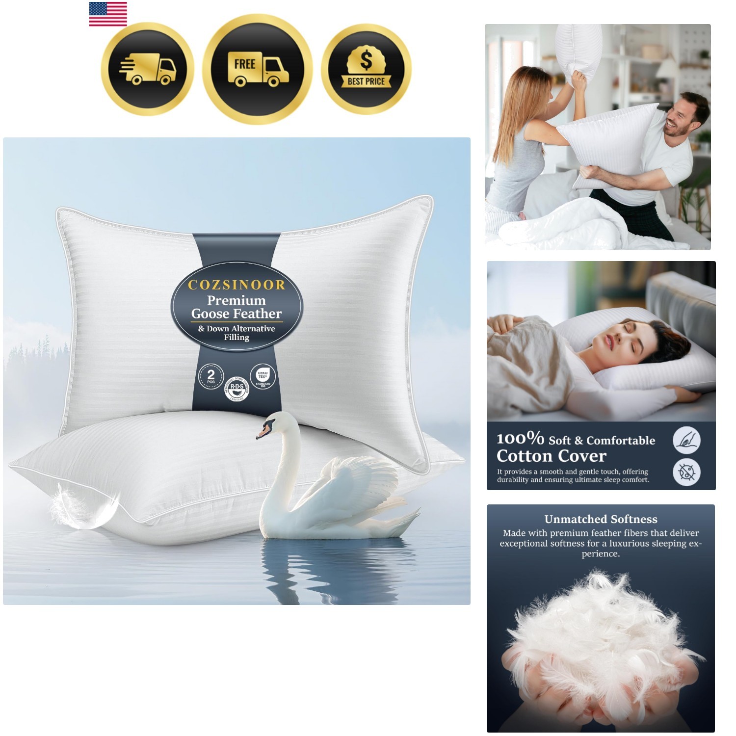 Goose Feather Pillows Queen Size Set of 2 - Hotel Down Bed Pillow for Sleepin...