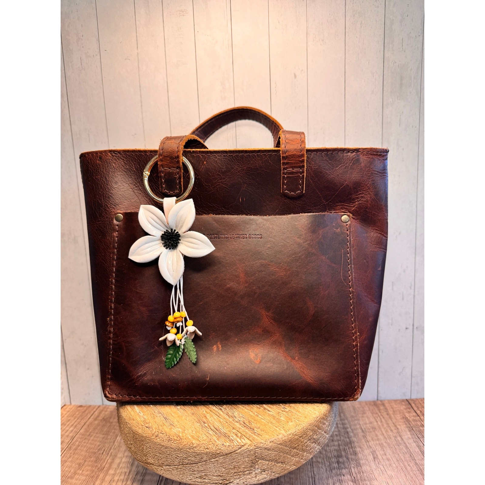 White Flower Daisy Purse Charm Genuine Leather Flower White Bag Charm NEW!