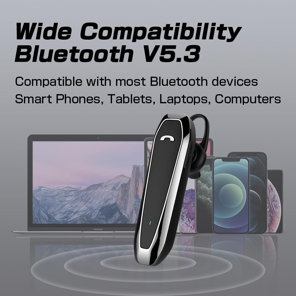 Bluetooth Headset, V5.3 Wireless Handsfree Earpiece with Noise Cancelling Mic...