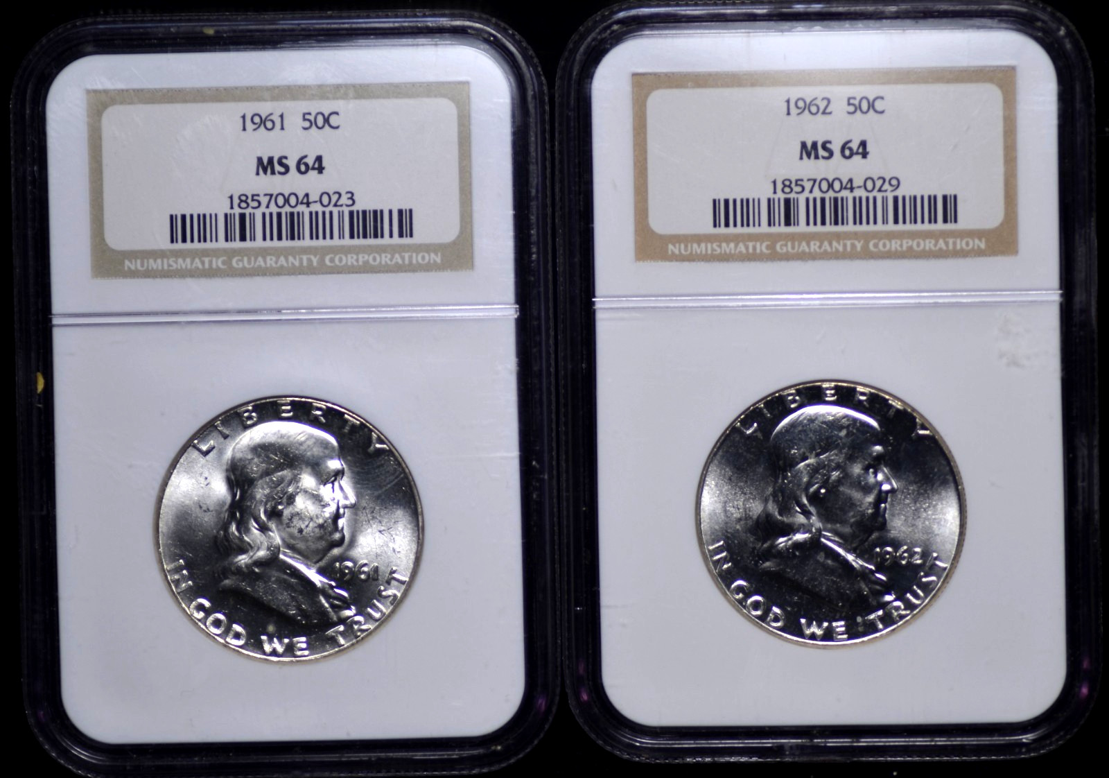 PAIR OF FRANKLIN HALVES, BOTH NGC MS 64, DATES ARE 1961 AND 1962, BOTH ARE FULLY
