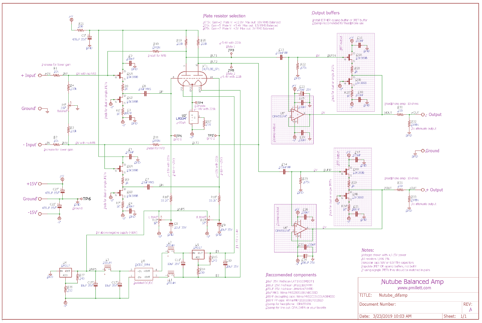DIY PCB plus Tube - Balanced (differential) preamp/head amp using Korg Nutube