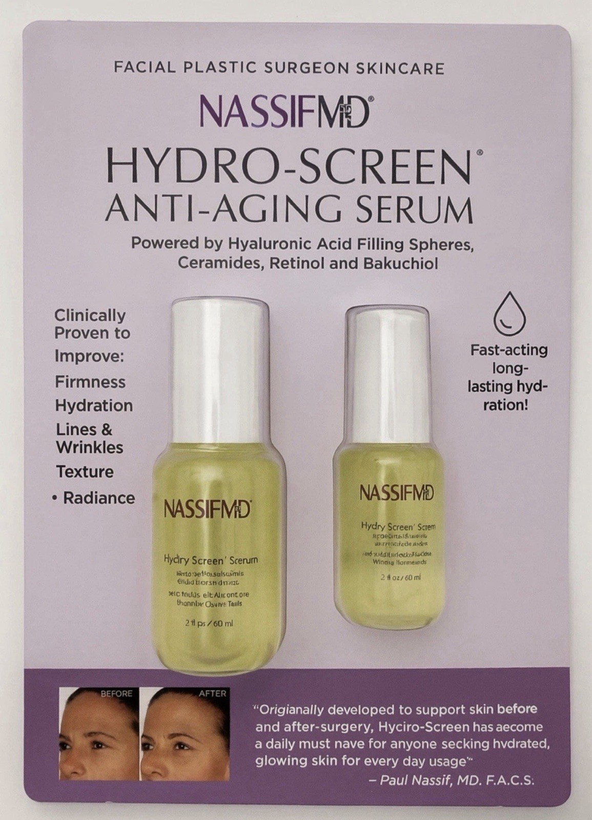 Nassif MD Hydro Screen Serum Set 2pc Anti Aging Hyaluronic Acid 2oz 1oz NEW