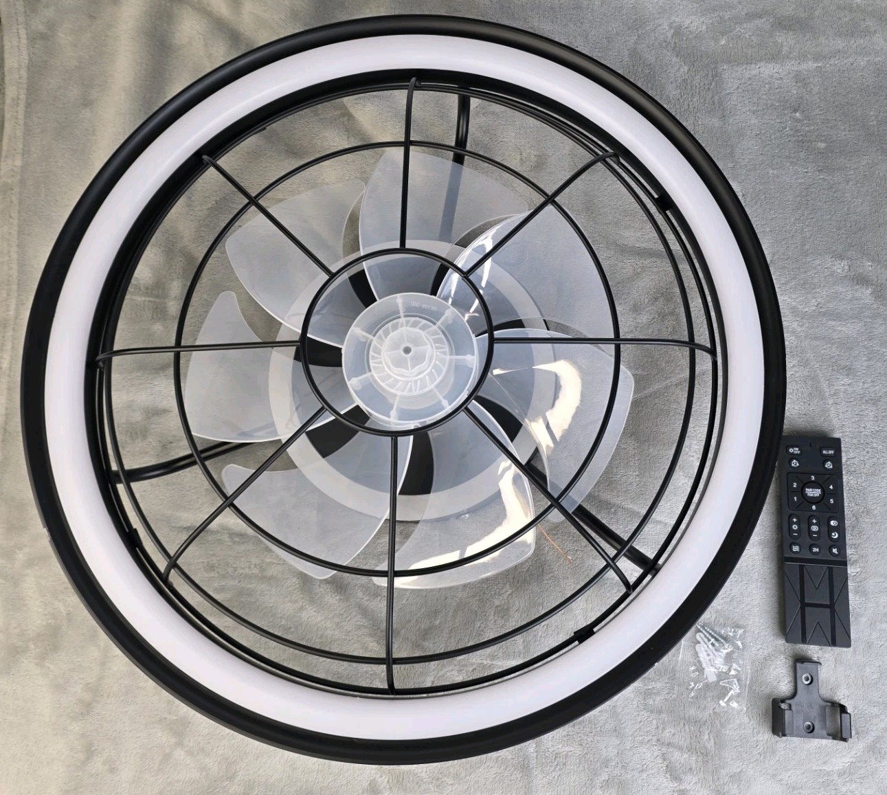 Modern Black Caged LED Ceiling Fan w/ Remote Flush Mount 7 Blade