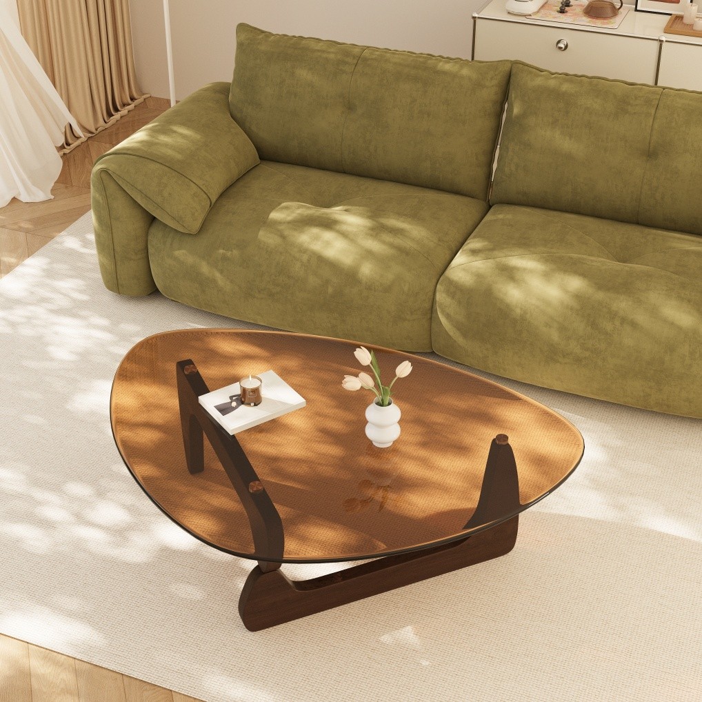 Noguchi Coffee Table Triangle Glass Top Premium Solid Hardwood Base Dark Walnut
