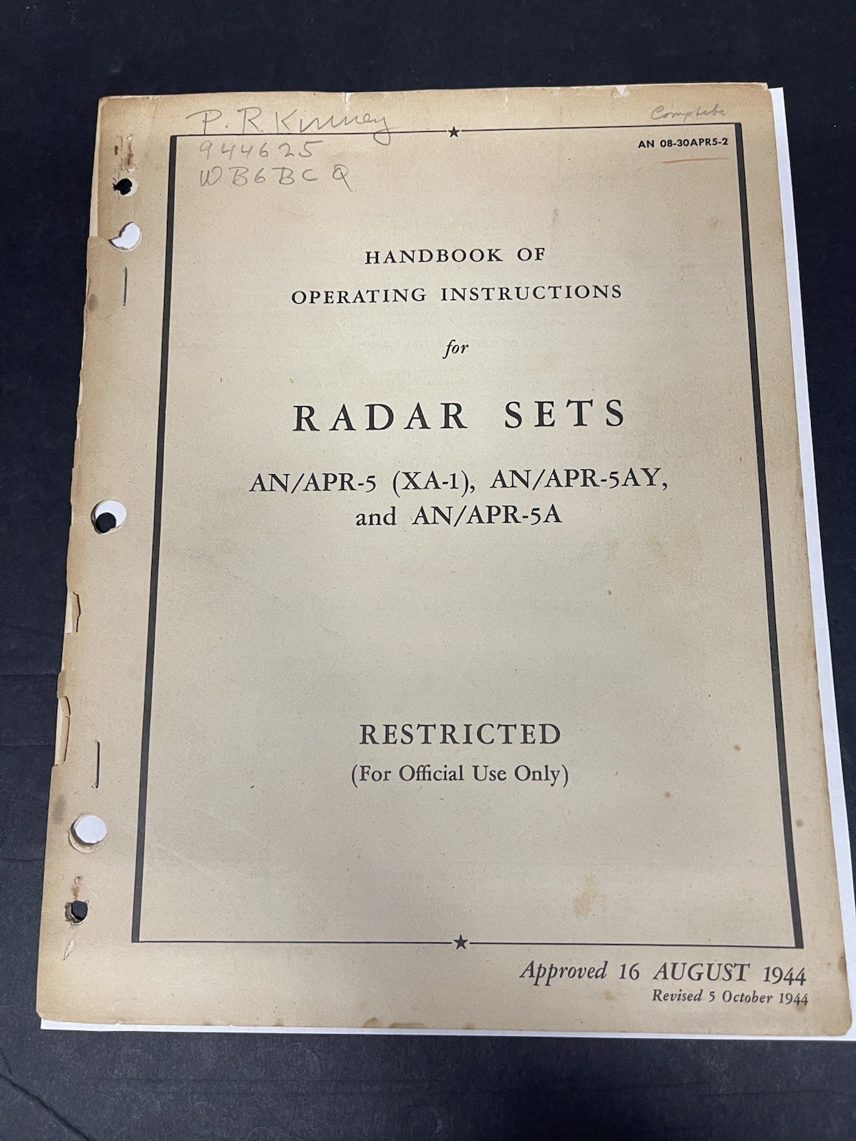 Radio Sets AN/APR-5 (XA-1) AN/APR-5AY AN/APR-5A Handbook of Operating Inst 1944