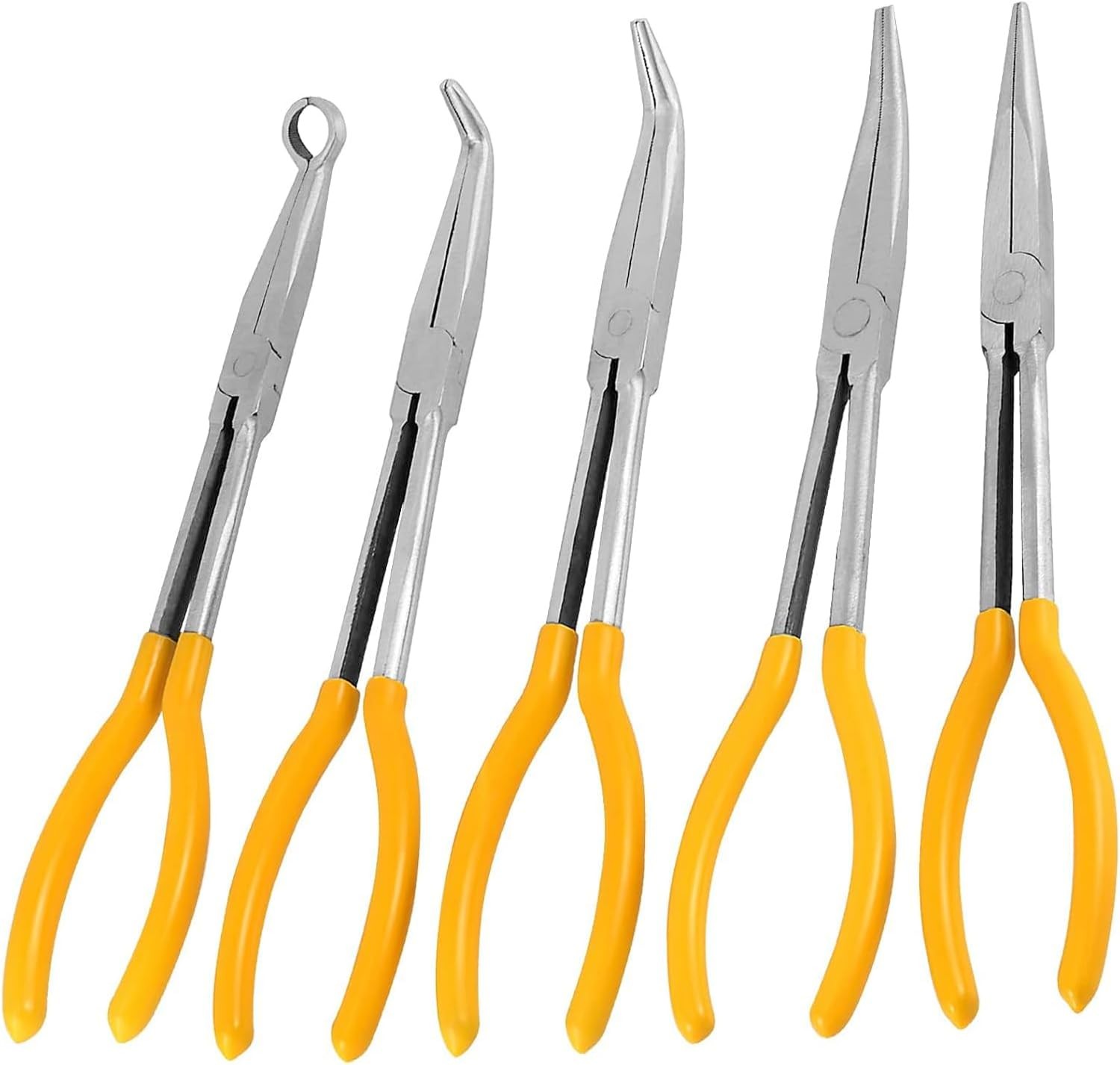 FUNSUEI 5 PCS 11 Inch Long Needle Nose Pliers Set, Yellow and Silver